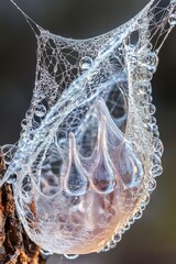 A captivating close up view of a spider web draped with glistening dew droplets showcasing the intricate and fragile beauty of nature s engineering