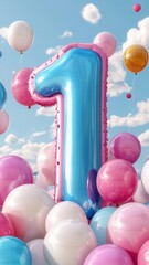 Poster - pastel-colored soft number one surrounded by various balloons in digital shades. The background features a bright blue sky with fluffy clouds