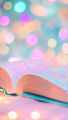 Poster - open book background. shimmering pages and a soft bokeh with The scene features pastel colors, creating a dreamy and magical atmosphere