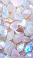 Poster - A The view of iridescent glass shards arranged in a mosaic pattern. close-up colors shift from soft pastels to vibrant hues, creating a visually striking texture.