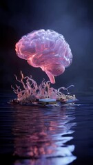 Poster - Luminous human brain abstractly connected to a circuit board surrounded by water. Concept of futuristic artificial intelligence.