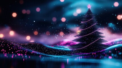 Poster - Digital lights christmas tree rising from wavy surface, surrounded by colorful bokeh glowing and swirling particles, generating magical festive ambiance
