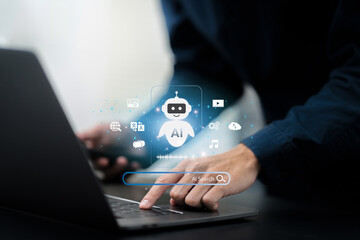 Fototapete - AI search engine and SEO Search Engine Optimization concept. A person uses a laptop, interacting with a holographic AI chatbot interface featuring an AI Search bar. Search with Ai assistant.