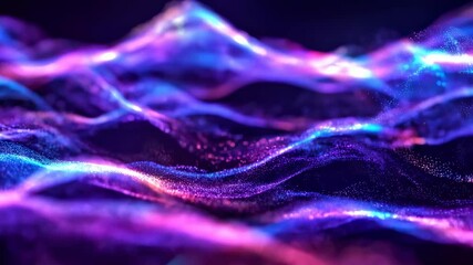 Poster - Glowing particles flowing gently in waves. Abstract light streaks on dark background. Purple and blue colors. Sparkle and shine.