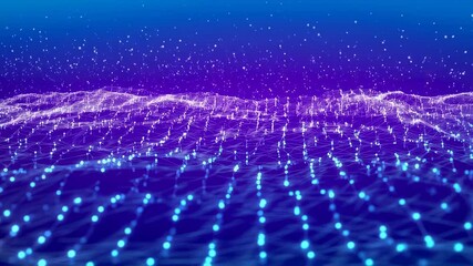 Poster - Glowing blue dots connect on dark backdrop. Points create a light network across surface. Digital data visualization. Modern network design. Backdrop lights form abstract grid.