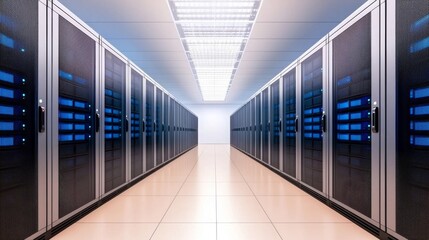  Modern data center corridor with rows of illuminated server racks and bright overhead lighting.