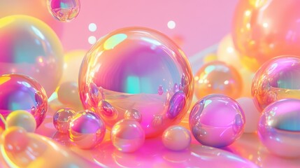 Poster - Shiny bubbles of various sizes float against a soft pink backdrop, creating a whimsical atmosphere filled with vibrant reflections