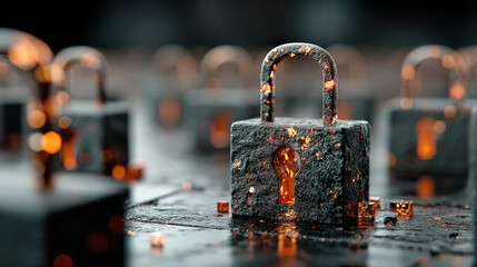 Aufkleber - Futuristic digital padlock with glowing keyhole is surrounded by network of blockchain cubes, symbolizing advanced security and technology