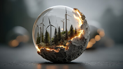 Aufkleber - Glowing digital globe with renewable energy icons, including wind turbines and trees, symbolizes sustainability and environmental conservation. orb cracked surface adds dynamic effect