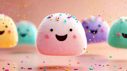 Poster - Bunch of colorful, happy-looking candies with sprinkles on top. They are all smiling and seem to be having a good time