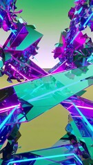 Poster - Abstract Geometric Forms Floating with Neon Lines on Green Background for Vertical Video