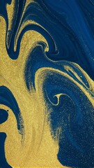 Poster - Deep blue with flowing golden motion. Swirling fluid paint with elegant movement. Liquid ink mixing. Vertical abstract pattern.