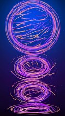 Poster - Abstract Rings Glowing Purple Yellow Colors. Dark Blue Background. Spiraling Lines Rising Up. Graphic Design for Vertical Video.