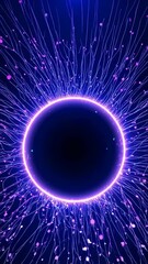 Poster - Glowing circle, dark center. Lines radiate outward, purple dots scatter. Vertical motion, blue backdrop. Visual effect, data streams from source.