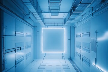  Futuristic abstract interior space with blue neon lighting and symmetrical design