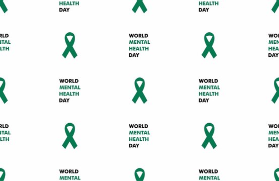 white background with world mental health day text and green ribbon seamless pattern