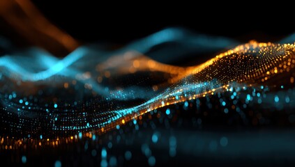 Poster - Dynamic digital waves with glowing tech particles and binary code flowing across a dark background.