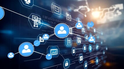 Network diagram illustration with various blue and white communication and data icons connected by lines against a blurred dark background