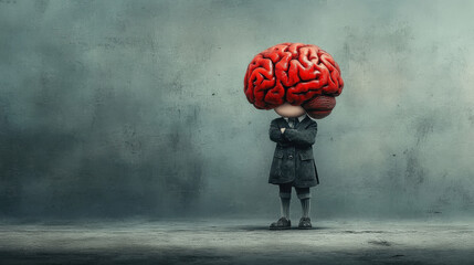 Aufkleber - Whimsical illustration of person with large brain for head, wearing suit and standing confidently against textured background. image conveys creativity and intelligence