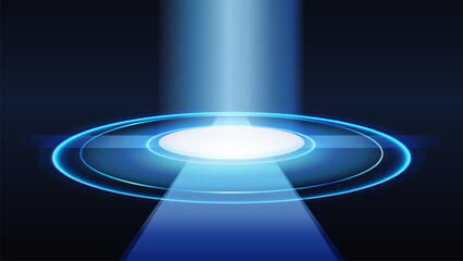 Aufkleber - Blue light beam with futuristic glowing circles on a dark background. Concept of technology, hologram, stage, or product display.