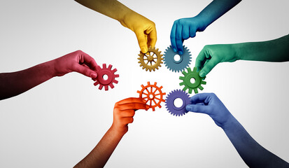Leinwandbilder - Joining The Organization and Connect team concept or unity and teamwork idea as a business metaphor for partnering as diverse people connected together as a corporate symbol for cooperation.