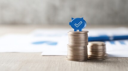 Poster - Stack of coins with a blue marker signifying auto-savings trigger icon concept for setting saving rules after spending