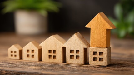 Poster - Business growth icon concept featuring a wooden house toy with an upward arrow representing development and expansion