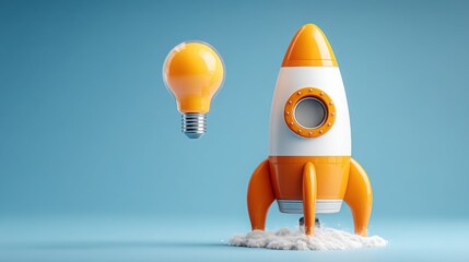 Poster - Business innovation icon concept featuring a rocket with lightbulb representing creative ideas and forward thinking