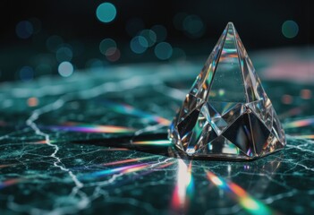 Poster - Close-up of a glass prism casting a rainbow on marble surface