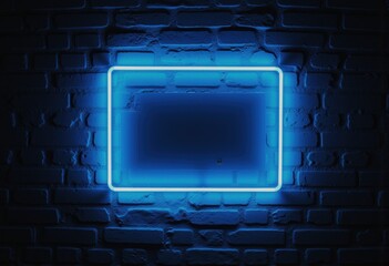 Poster - Neon blue rectangular frame illuminated against a dark brick wall