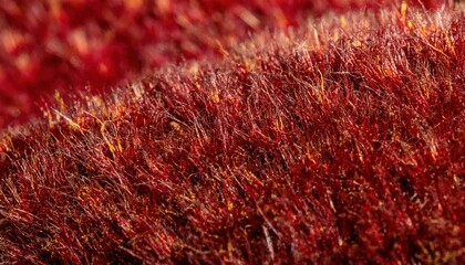 Poster - macro texture of deep red velvet like fibers with golden highlights for luxury print design, abstract web background, or textile branding visual

