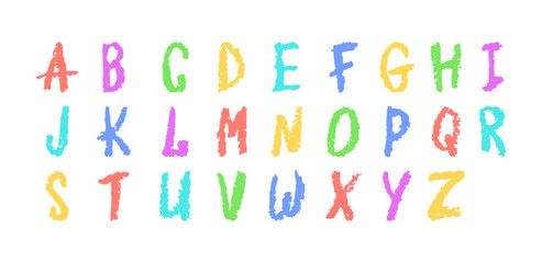 Poster - English alphabet hand-drawn in a crayon. Capital colorful letters in chalk, pastel, or wax style. Highlighter effect on white board for kindergarten drawing and learning. Cartoon vector illustration.