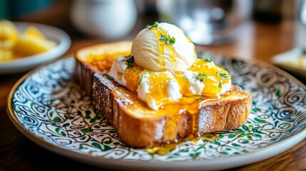 Poster - An artistic arrangement of honey toast served on a patterned plate, with a scoop of ice cream melting on top and a drizzle of honey for a delicious contrast.