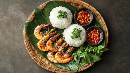 Poster - An overhead shot of grilled prawns served with steamed rice, placed on a woven bamboo tray for an authentic and traditional presentation.