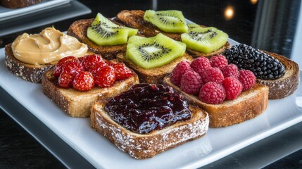 Poster - A beautifully arranged plate of assorted toasts, including sweet options with jam and nut butter, served alongside fresh fruit for a colorful morning treat.