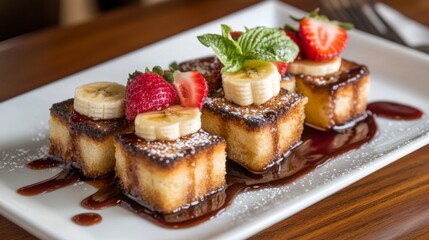Poster - A beautifully arranged plate of honey toast cubes served with fresh fruit, including strawberries and bananas, enhancing the dessert's colorful appeal.