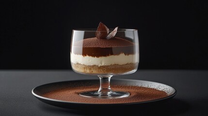 Poster - A beautifully crafted tiramisu, layered with coffee-soaked ladyfingers and mascarpone, presented in a clear glass dish with cocoa powder dusting.