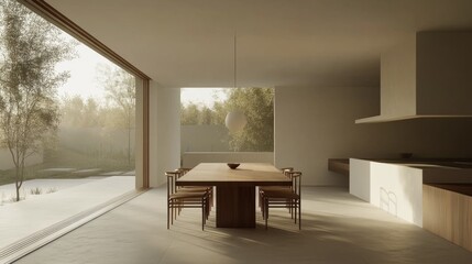 Poster - A beautifully designed minimalist dining area with a wooden table, modern chairs, and a soft pendant light