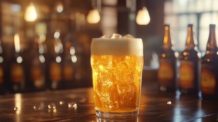 Poster - A beer glass filled with ice and golden liquid, surrounded by bottles of beer on a wooden counter
