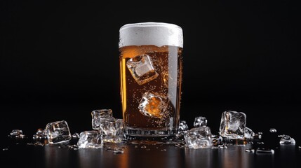 Poster - A beer glass with ice cubes, with foam spilling slightly over the rim