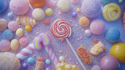 Leinwandbilder - A candy-themed flat lay with various sweets, sprinkles, and lollipops in playful colors