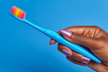 Poster - Brightly colored toothbrush held in a hand against a blue background showcases dental hygiene
