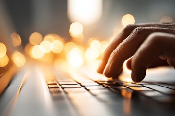 Aufkleber - Hands typing on a laptop keyboard with warm glow of lights in background during evening work session