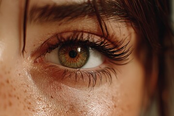 Poster - Close-up of a young person's eye revealing vibrant green hues and striking lashes in soft natural light