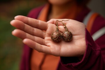 Aufkleber - Hands showcase intricate handcrafted earrings in a natural setting during daylight