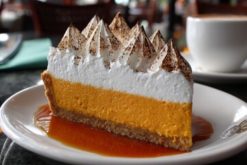 Aufkleber - Delicious layered dessert features vibrant pumpkin filling and fluffy topping served on a white plate in a cozy cafe