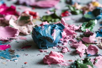 Aufkleber - Colorful paint remnants scattered on a workspace create an artistic and vibrant atmosphere during a creative session