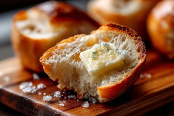 Poster - Freshly baked bread rolls with butter and sea salt at a rustic kitchen table close-up