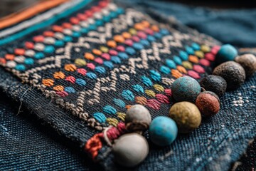 Leinwandbilder - Textile detail featuring colorful embroidery and wooden beads from traditional craft in a serene setting
