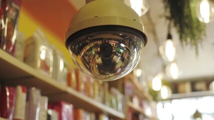 Aufkleber - A close-up of a dome-shaped CCTV camera installed in a retail store, with reflections of products visible on the camera lens, emphasizing security in shopping environments.